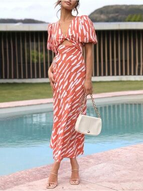 Commense Orange Zebra Print Cutout Midi Dress Twist Front Resort Vacation Style